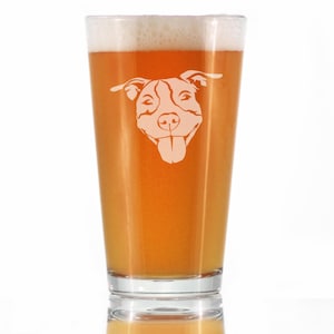 Happy Pitbull Face - Cute Funny Pint Glass, 16 Oz, Etched Sayings - Cute Gifts for Dog Lovers with Pitbulls