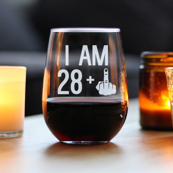 I Am 28 + 1 Middle Finger - Funny Stemless Wine Glass, Large 17 Ounce Size, Etched Sayings, 29th Birthday Gift for Women Turning 29