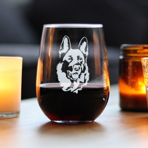 German Shepherd Face Stemless Wine Glass - Large Glasses - Cute Gifts for Dog Lovers with German Shepherds