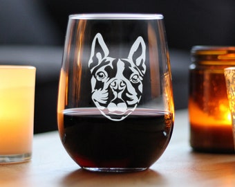 Geätztes Boston Terrier Stemless Weinglas: Hunde Liebhaber Geschenk