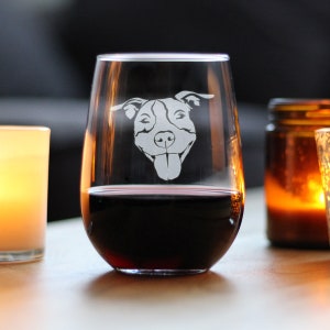 Happy Pitbull Face - Large Stemless Wine Glasses - Cute Pittie Gifts for Dog Lovers with Pitbulls