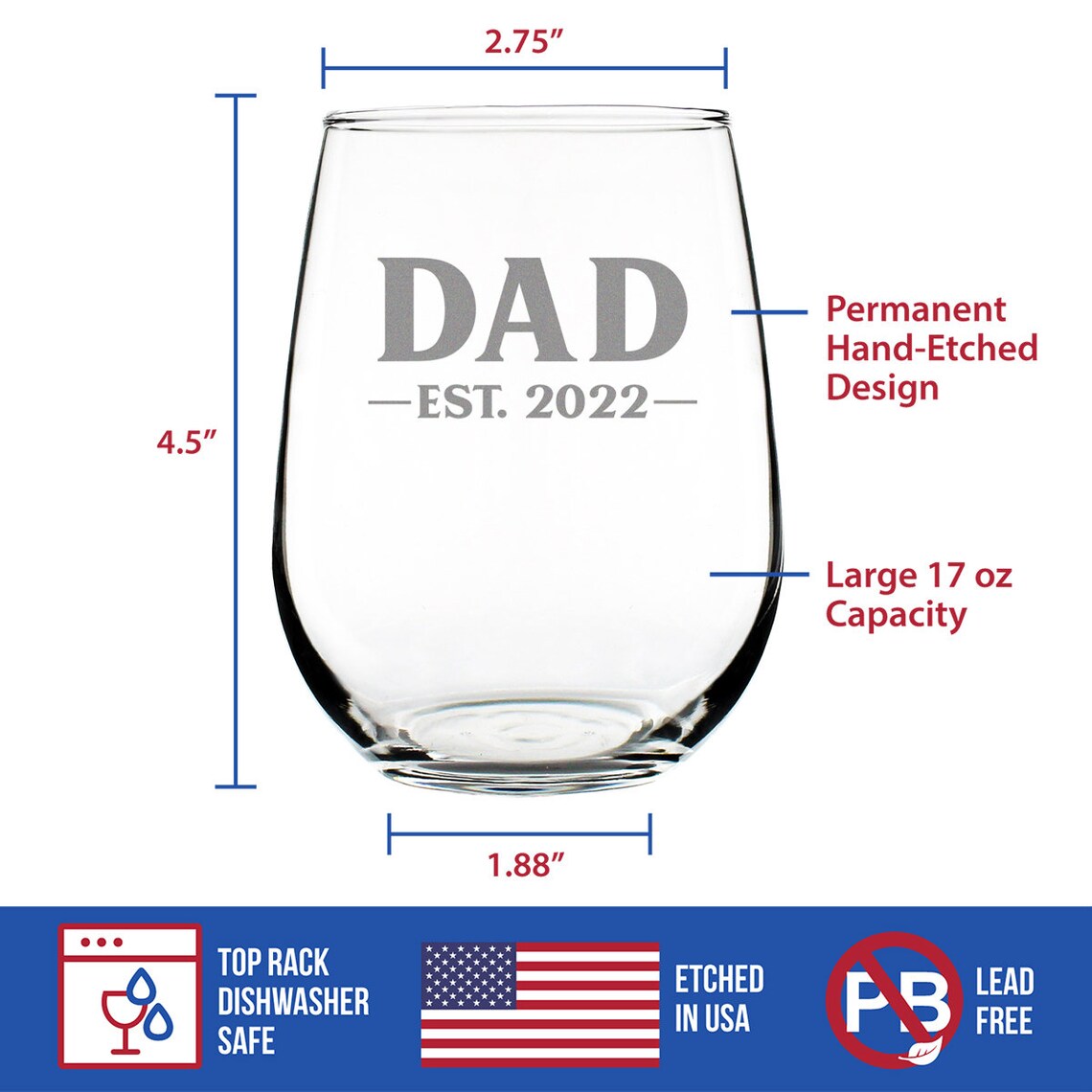 Dad Est. 2022 Bold Stemless Wine Glass Large 17 Ounce Etsy