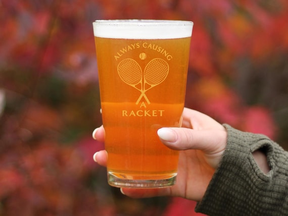 Causing A Racket - Beer Can Pint Glass - Funny Tennis Themed Decor and Gift : Causing A Racket - Beer Can Pint Glass - Funny Tennis