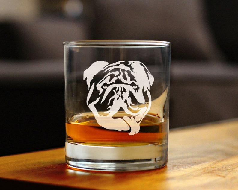 Bulldog 10 oz Rocks Glass or Old Fashioned Glass, Etched Glassware, Cute Gifts for Dog Lovers with English Bulldogs image 1