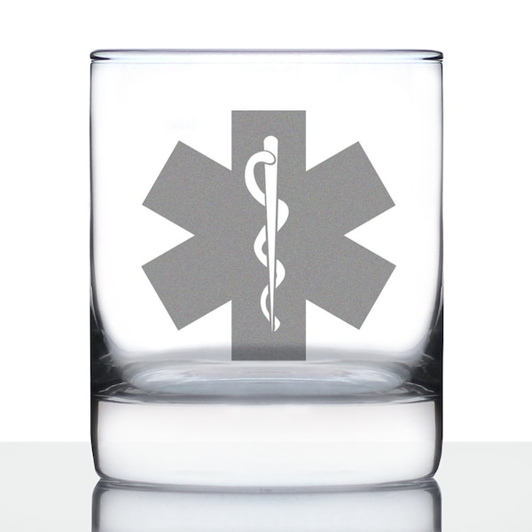 EMT Star of Life - 10 oz Rocks Glass or Old Fashioned Glass, Etched Sayings, Gift for Coworkers, Emergency Medical Technician Friend