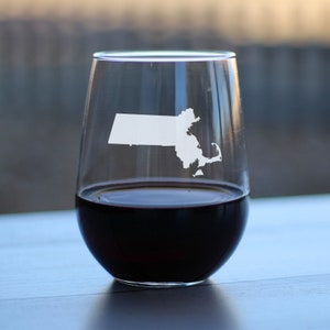 Massachusetts State Outline Stemless Wine Glass - Etched Sayings, Engraved Gifts for Massachusettsans - Large 17 Oz