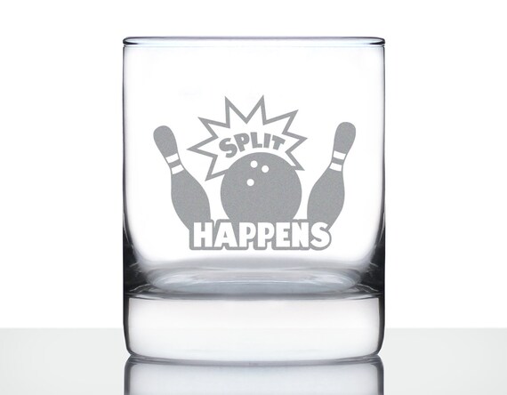 Split Happens Whiskey Glass: Bowling Gift, Etched Rocks Glass