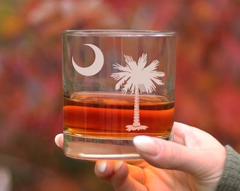 South Carolina Flag Rocks Glass - Engraved Old Fashioned Glasses for Men & Women - Fun 10.25 Oz Tumbler Gifts