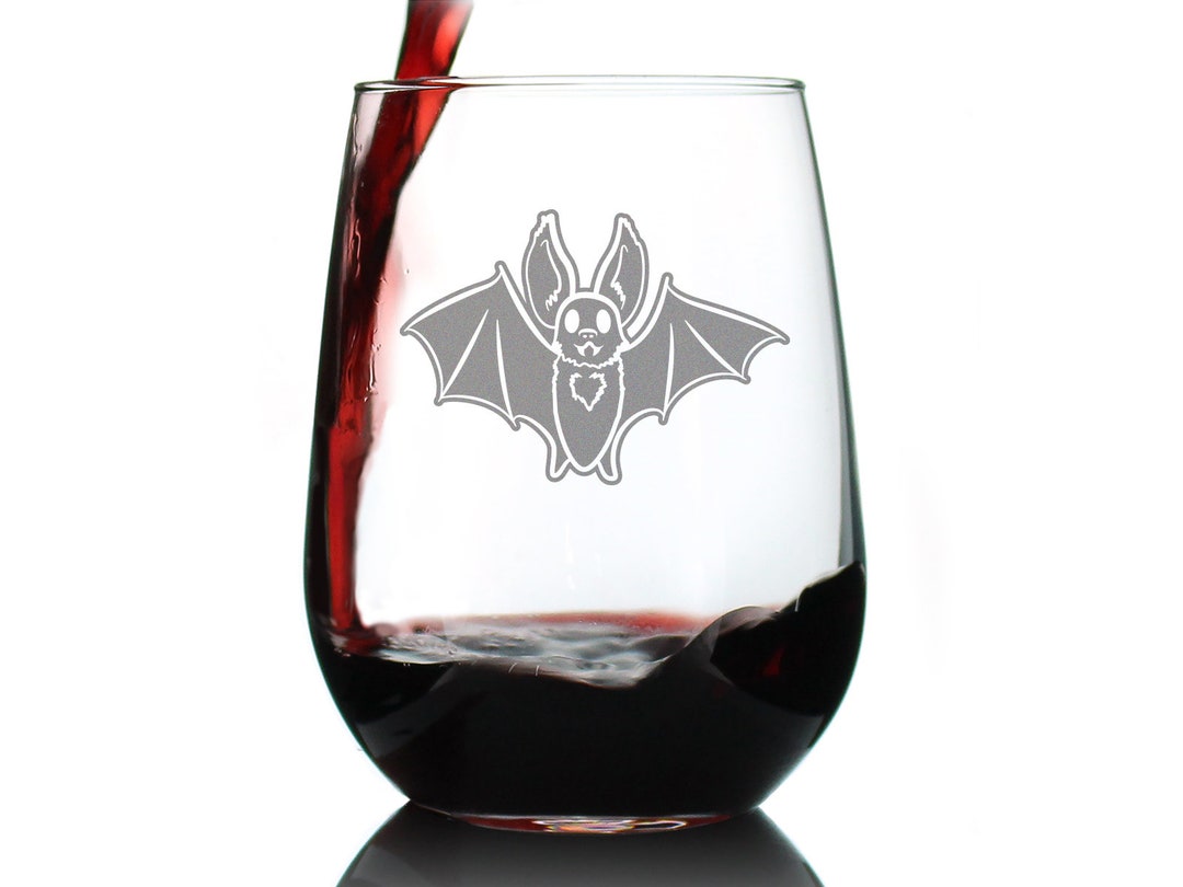 Bat Cute Stemless Wine Glass, Large 17 Ounce Size, Etched Sayings, Bat Themed Gifts, Spooky
