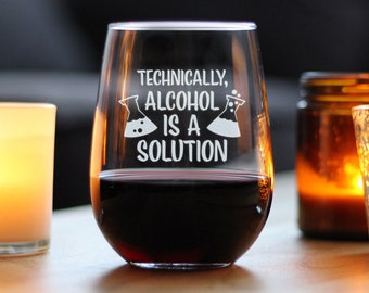 Alcohol is een oplossing - Leuk grappig stemloos wijnglas, groot 17 ounce formaat, geëtste uitspraken, cadeau voor leraren