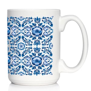 Delft Blue and White Coffee Mug - Floral Dutch Pattern Gifts - White Ceramic Coffee Cup