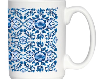 デルフトブルーの花柄コーヒーマグ - オランダ風模様の陶器カップ