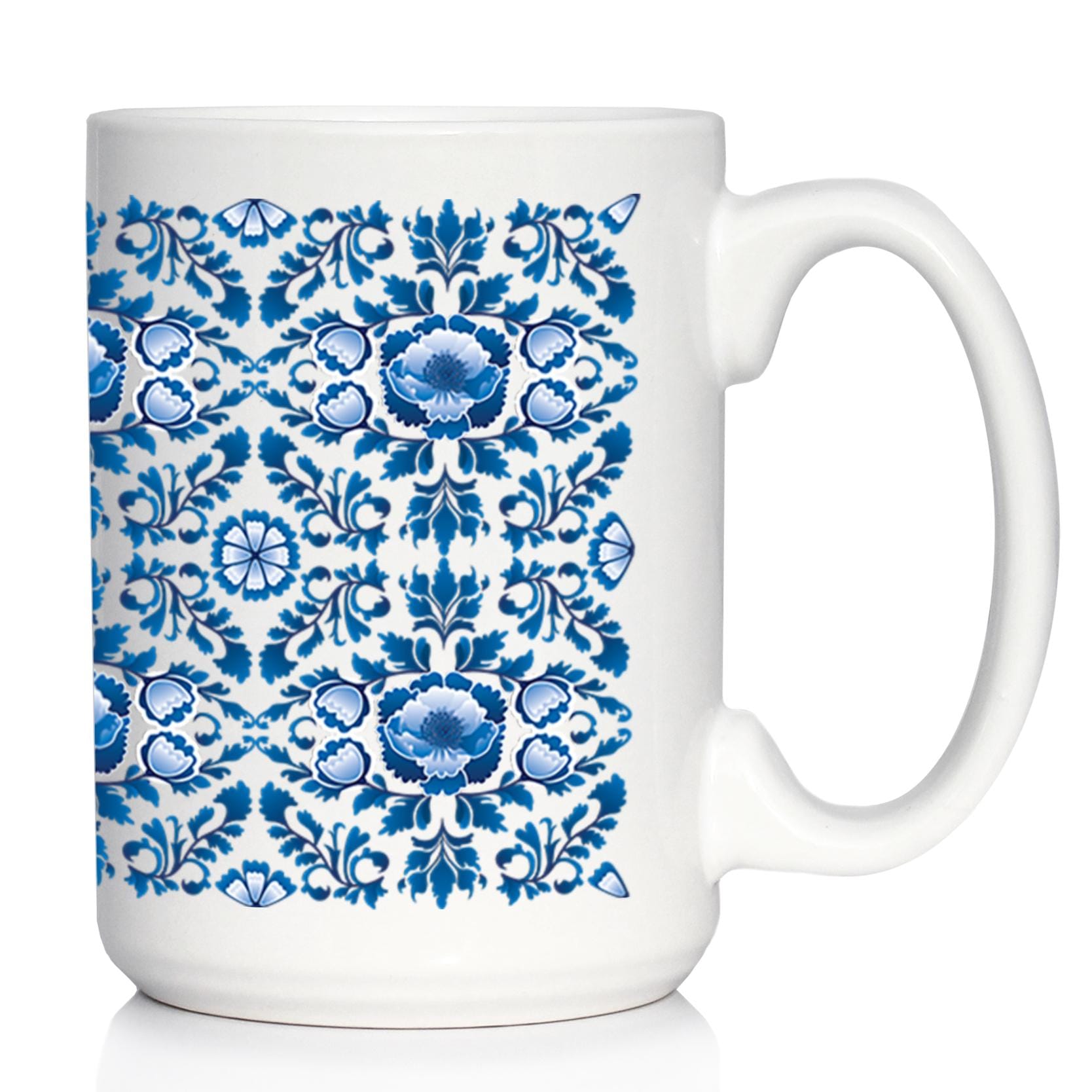 デルフトブルーの花柄コーヒーマグ - オランダ風模様の陶器カップ