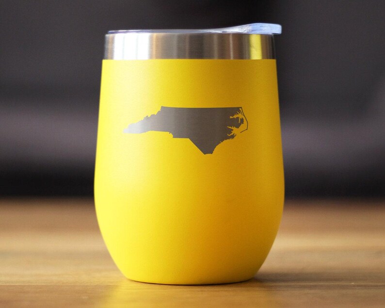 North Carolina State Outline Wine Tumbler: Stainless Steel Travel Mug Yellow
