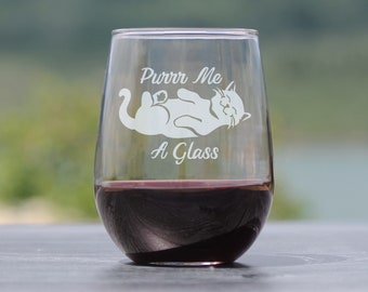 Purr Me A Glass - Cute Funny Cat Stemless Wine Glass, Large 17 Ounces, Etched Sayings, Fun Gift for Cat Lovers