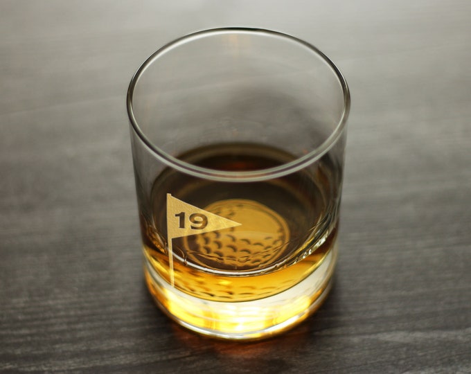 Etched Golf Whiskey Glass: 19th Hole Golf Ball Design, 10 Oz