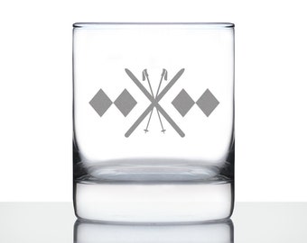 Etched Skiing Rocks Glass: Double Black Diamond Design, Gift for Skiers