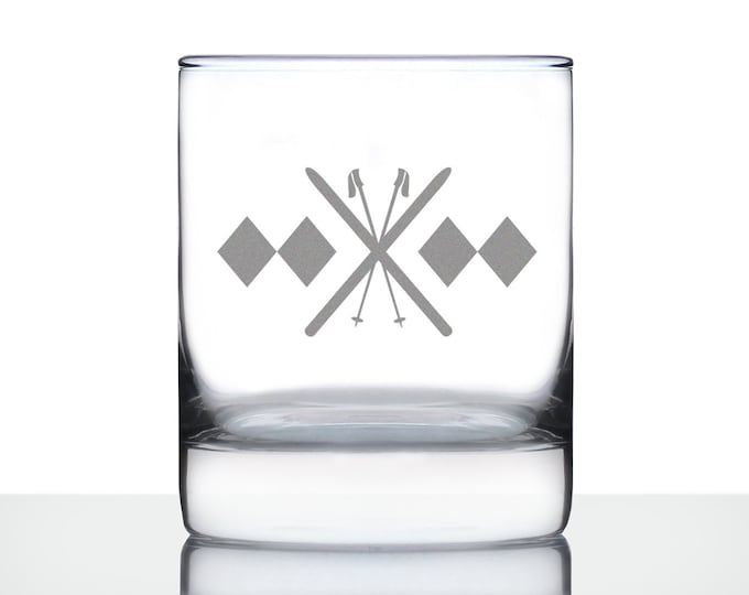 Etched Skiing Rocks Glass: Double Black Diamond Design, Gift for Skiers