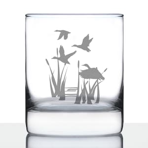 Duck Pond - 10 oz Rocks Glass or Old Fashioned Glass, Etched Sayings, Cute Rustic Cabin Decor Gifts for Lovers of Waterfowl and Whiskey