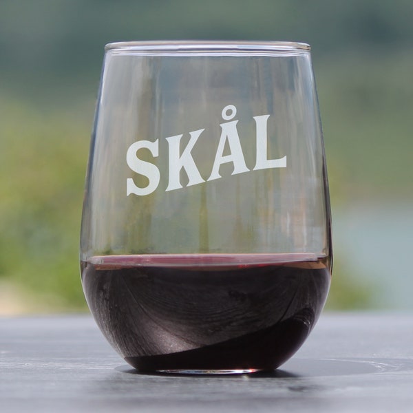 Skal - Norwegian and Danish Cheers - Cute Funny Stemless Wine Glass, Large 17 Ounce Size, Etched Sayings, Party Cup