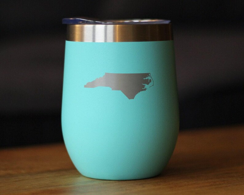 North Carolina State Outline Wine Tumbler: Stainless Steel Travel Mug Teal