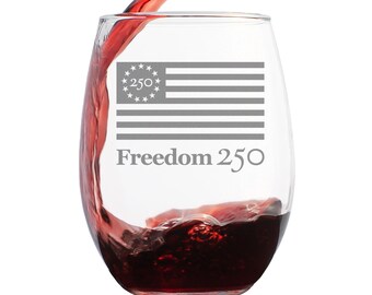 Copa de vino sin tallo con el logo Freedom 250. Producto oficial del 250 aniversario de la independencia de EE. UU. Copas de 444 ml (15 oz).