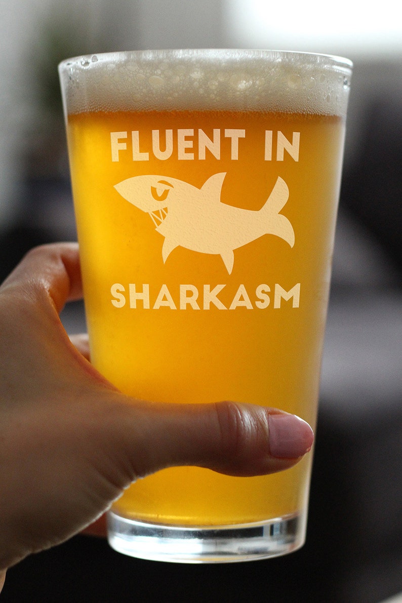 Fluent In Sharkasm Cute Pretty Pint Glass, 16 Oz, Etched Sayings Cute Funny Shark Gifts for Women and Men image 3