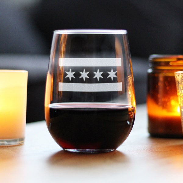 Etched Chicago Flag Stemless Wine Glass: 17 oz Gift