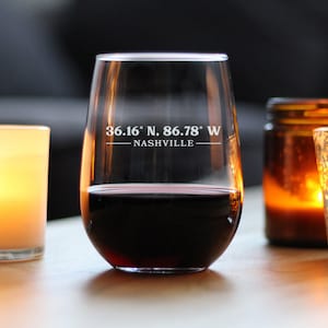 Nashville Coordinates - Cute Nashville Stemless Wine Glass, Large 17 Ounce Size, Etched Sayings, Gift