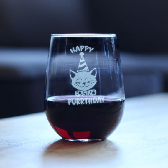 Happy Purrthday Stemless Cat Wine Glass for Women Cute Funny Wine