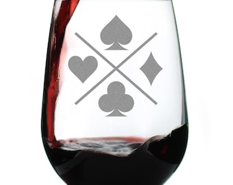 Etched Card Suits Stemless Wine Glass: Poker Gift, 17oz