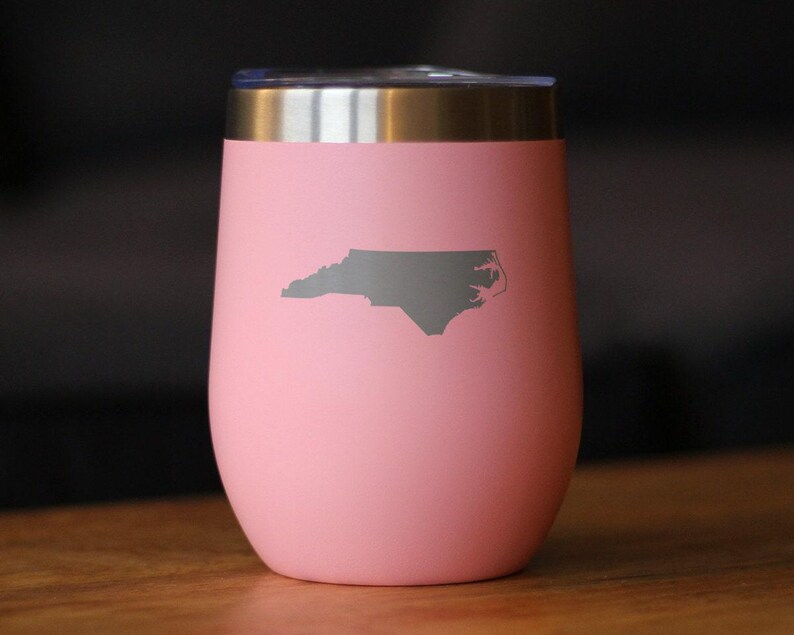 North Carolina State Outline Wine Tumbler: Stainless Steel Travel Mug Pink
