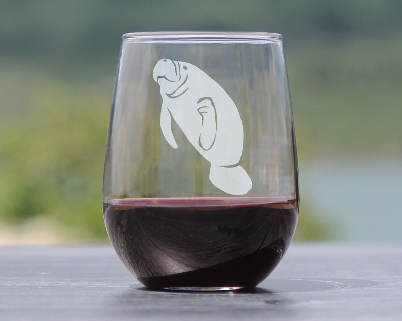 Manatee Cute Stemless Wine Glass Beach House Decor Gifts for Lovers of Manatees and Wine Large Glasses image 1