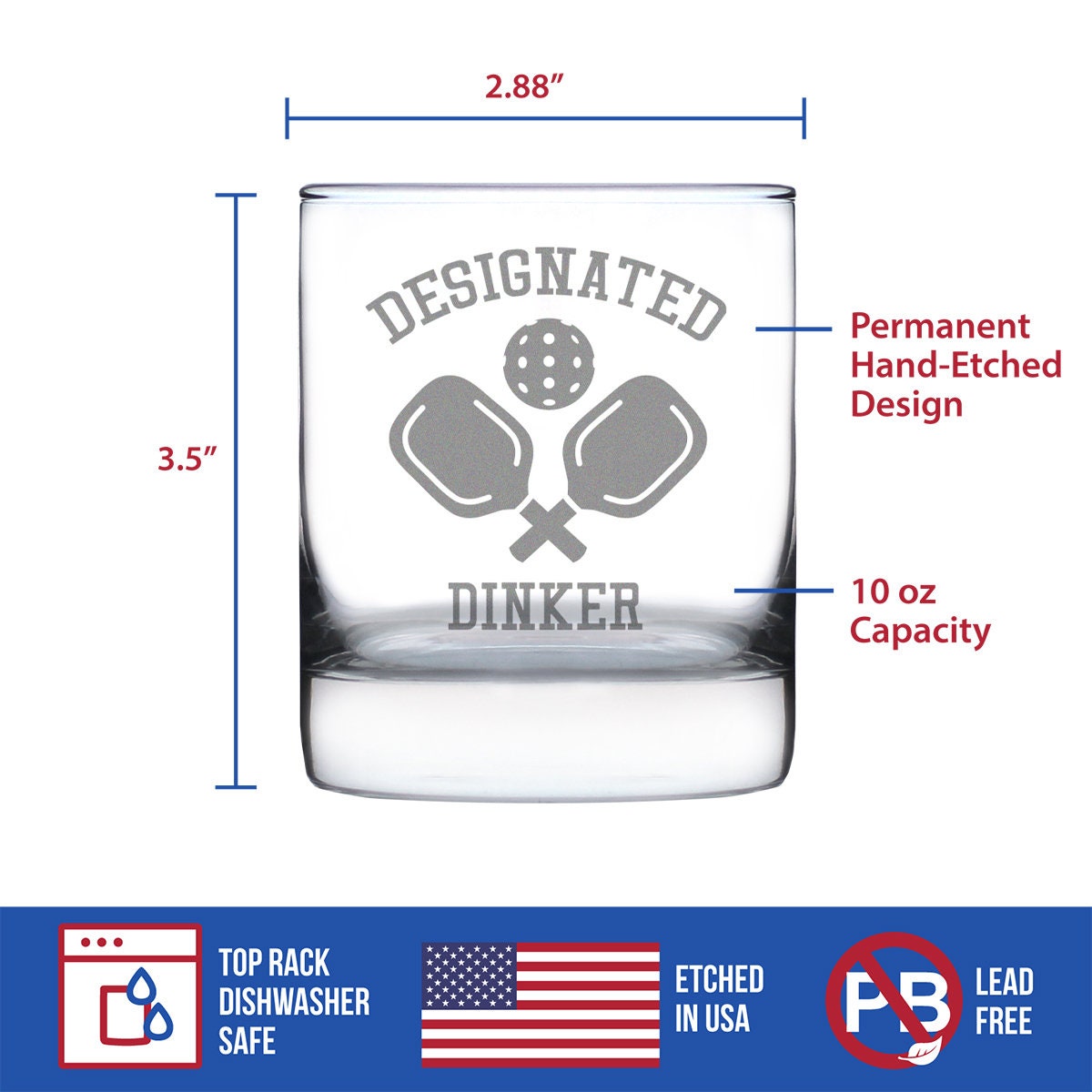 Designated Dinker - Whiskey Rocks Glass - Funny Unique Pickleball Themed Gifts for Dinkers and Bangers - 10 Oz Glasses