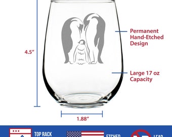 Stemless Wine Glasses Set of 2 Funny Penguin 16 Oz Etched Engraved 