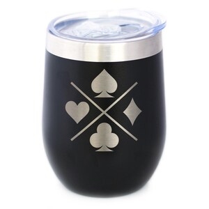Vaso de vino aislado con tapa deslizante y diseño de cartas. Regalos de alta calidad para jugadores de cartas. Vaso de acero inoxidable de 12 oz.