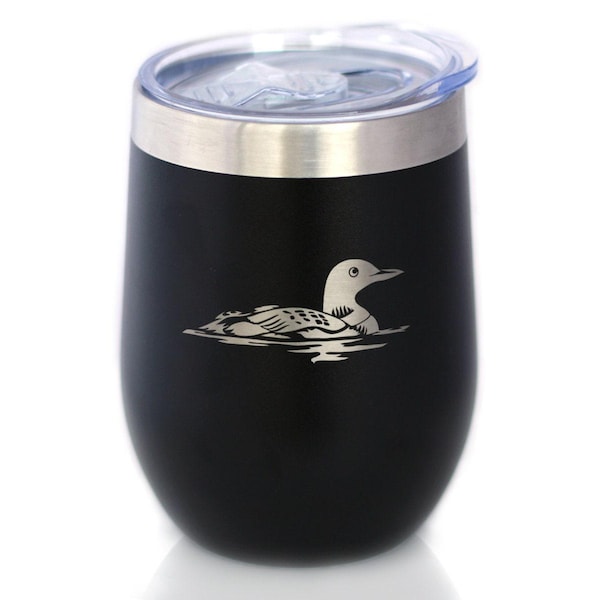 Loon Etched Wine Tumbler: Stainless Steel Insulated Mug with Lid
