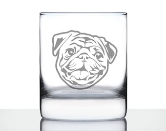 Pug Face - 10 oz Rocks Glass or Old Fashioned Glass, Etched Glassware, Cute Gifts for Dog Lovers with Pugs