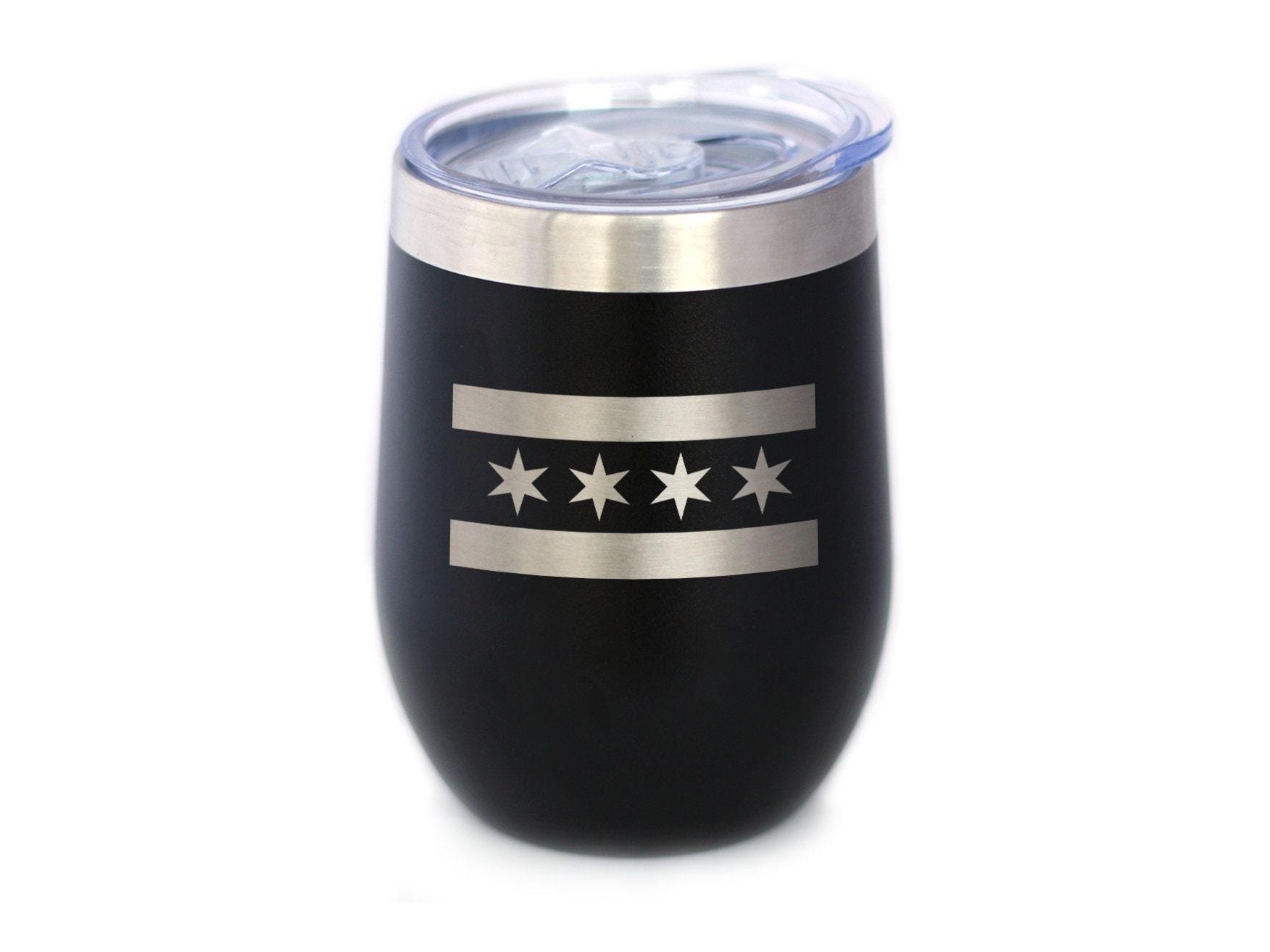 Chicago Flag - Wine Tumbler Glass with Sliding Lid - Stainless Steel Insulated Mug - Cute Windy City Themed Gift for Men and Women