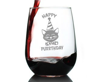 Happy Purrthday | Stemless Cat Wine Glass for Women | Cute Funny Wine Gift Idea | Unique Kitten Glasses for Birthday