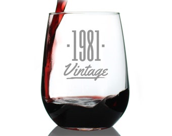 Vintage 1981 - 43rd Birthday Stemless Wine Glass Gifts for Women & Men Turning 43 - Bday Party Decor - Large Glasses