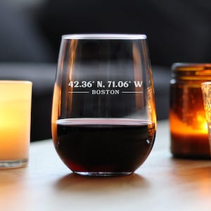 Boston Coordinates - Cute Boston Stemless Wine Glass, Large 17 Ounce Size, Etched Sayings, Gift