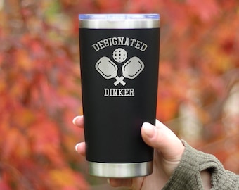 Designated Dinker - Insulated Coffee Tumbler Cup with Sliding Lid - Stainless Steel Insulated Mug - Funny Pickleball Themed Gifts and Decor