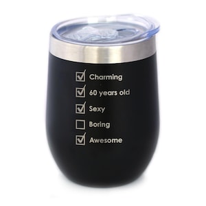 60th Birthday Checklist - Wine Tumbler Cup with Sliding Lid - Stainless Steel Insulated Mug - Funny Gifts for Women and Men Turning 60