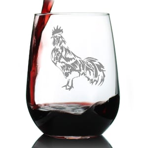 Rooster - Cute Stemless Wine Glass - Farmhouse Decor Gifts for Lovers of Roosters and Wine - Large Glasses