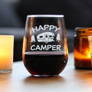Happy Camper - Funny Stemless Wine Glass - Cute Camping Gifts - Large  Glasses - Camper Accessories for Women and Men
