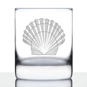 Seashell Engraved Whiskey Rocks Glass, Unique Decorative Gift for Beach House, Nautical Decor Birthday Gifts with Seashells