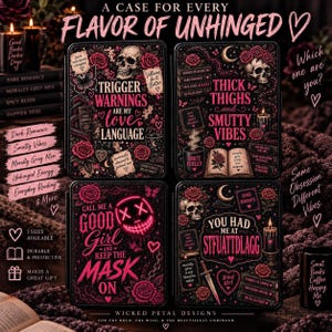 May include: Four rectangular e-reader cases featuring dark, gothic-inspired designs with pink and white text. The cases display illustrations of skulls, roses, candles, books, and a neon mask, with phrases like Trigger Warnings Are My Love Language.