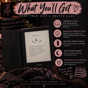 May include: A black Kindle case with a foldable cover, displayed next to text listing features including durable protection, a secure hand strap, and auto sleep/wake functionality. The screen shows text starting with Chapter One.