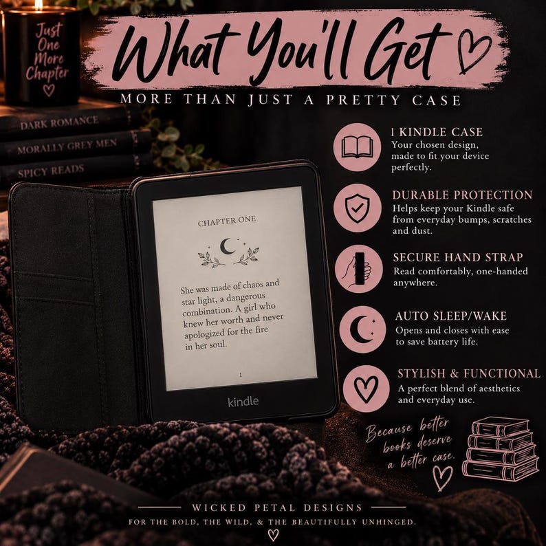 May include: A black Kindle case with a foldable cover, displayed next to text listing features including durable protection, a secure hand strap, and auto sleep/wake functionality. The screen shows text starting with Chapter One.